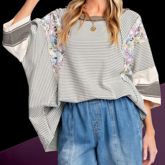 EASEL “Great Vibes” Mixed Print Relaxed & Stretchy Fit Top Defined Seams Details - Picture 8 of 16